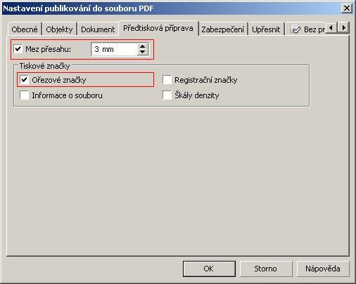 Předtisková příprava: Mez přesahu - spadávka - nastavte požadovanou hodnotu, pokud dokument je na spadávku.