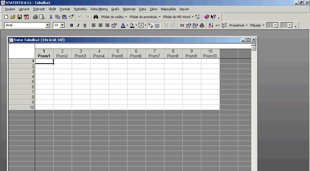 máme zde okno aplikace Dell Statistica: základní nabídka panel analýz stavový řádek
