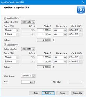 Ekonomický systém POHODA Účtujeme v POHODĚ 65 DPH. Průvodce nabízí dvě základní možnosti, a to Vyměřit DPH z celkové hodnoty dokladu a Vyměřit DPH po položkách.