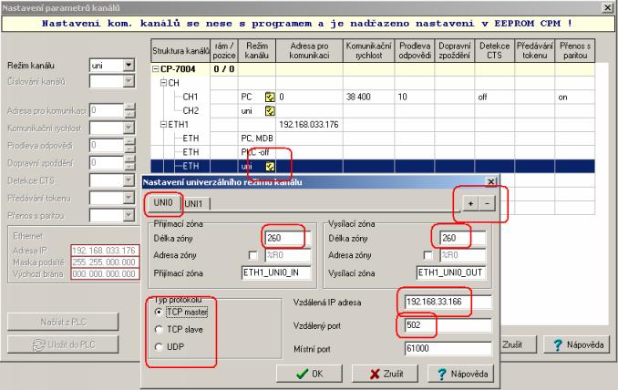 3.2 Nastavení Ethernet kanálů pro Modbus master Otevřít nastavení parametrů kanálů v Manažeru projektu konfigurace HW (žlutá ikona u CPU) Uvolnit ETH-uni kanál v dialogu nastavení ETH.