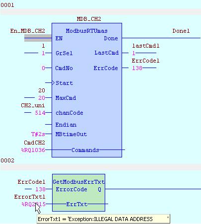 Volání FB ModbusRTUmas je napsáno v grafickém jazyku FBD. Používá komunikační kanál CH2. Zobrazení je přepnuto v ladícím režimu. FB právě vrací chybové hlášení během vykonávání příkazu číslo 1.
