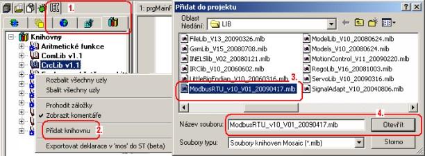 V IEC manažeru knihovny, použitím pravého tlačítka myši zvolit volbu Přidat knihovnu Postupně přidat knihovny ComLib, CRClib a ModbusRTULib.