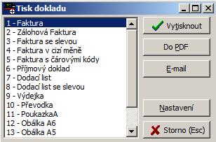 Faktury, dobropisy, výdejky a dodací listy 12.7. Tisk dokladu Pro tisky těchto dokladů je možno použít znakové tisky (klávesa <F10>) i grafické tisky (klávesová kombinace <Ctrl F10>).