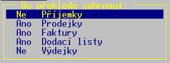 Upozornění: z důvodu odlišného zobrazení platí závislost, že vyberou-li se příjemky, nelze vybrat ostatní doklady a naopak.