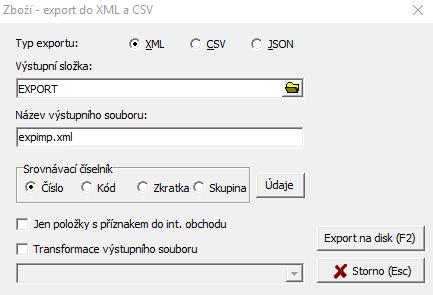 Číselník zboží Objeví se tabulka pro nastavení parametrů exportu: Výchozí typ exportu je formát XML, je možno zvolit