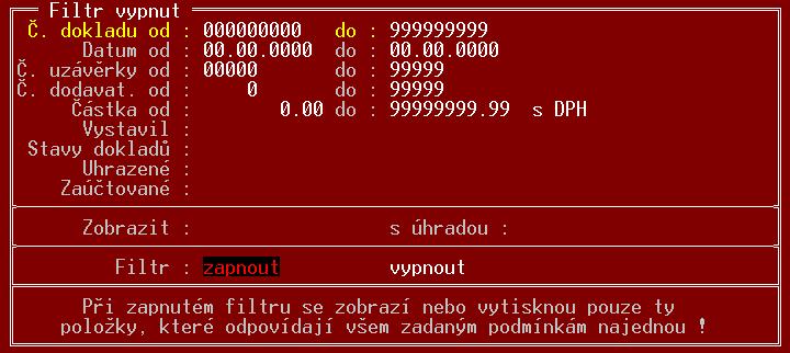 TRIFID 2018 STANDARD Uživatelská příručka Příjem do skladu Funkce Příjem do skladu: První skupina podmínek Druhá skupina podmínek Okno zobrazuje dvě skupiny podmínek. Č. dokladu od... do... - zobrazí se doklady, jejichž čísla leží v zadaném intervalu.