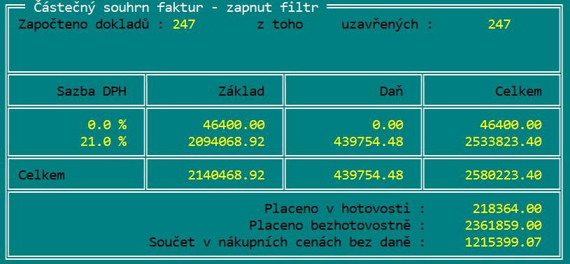 TRIFID 2018 STANDARD Uživatelská příručka Jestliže je před vyvoláním souhrnu zapnutý filtr, program jeho nastavení vezme v úvahu a zobrazí souhrnné informace pouze pro vyfiltrované doklady Podobně