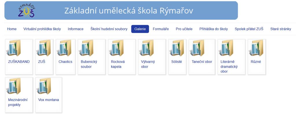 d. Školní hudební soubory Po kliknutí (či tapnutí) na odkaz Školní hudební soubory v horní liště se dostaneme do další části stránek.