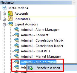 Chcete-li otevřít mini terminál, můžete: 1. otevřít nový graf nebo kliknout na existující v MetaTraderu 4 (MT4) a 2. najít Mini terminál v seznamu strategií (EA) v okně navigátor (CTRL+N).