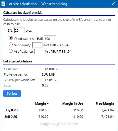 Pokud stisknete ctrl+kliknete do políčka pro lot, kalkulačka Vám poskytne informace o maržových požadavcích pro Váš nový pokyn. 2.3.