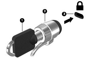 1. Obtočte bezpečnostní kabel okolo pevně zajištěného objektu. 2. Vložte klíč (1) do zámku kabelu (2). 3.