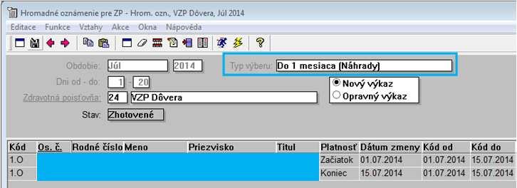 Po uložení editovaných dátumov a spustení funkcie vytvorenia ELDP program v položkách zobrazí iba roky a VZ za vybrané obdobie.