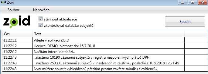 30. Nyní je ZOID nastaven a připraven k prověření Vaší databáze. Klikněte na tlačítko spustit a vyčkejte na dokončení lustrace. Po té ZOID ukončete stisknutím tlačítka k zavření okna.