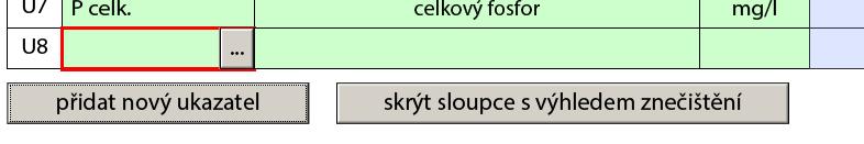 Náhled zobrazených sloupců: V případě, že chcete přidat nový ukazatel znečištění, použijte tlačítko přidat nový ukazatel pod tabulkou.