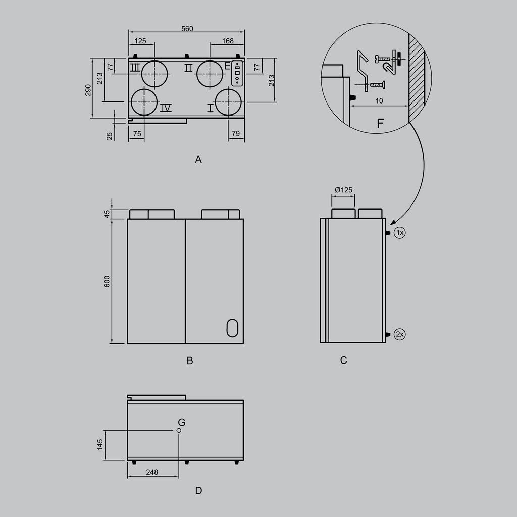 5.7.2 Připojení jednotky Renovent HR Small, levé provedení I = Přívod vzduchu II = Odpadní vzduch III = Odvod vzduchu IV= Venkovní vzduch A = Pohled shora B = Pohled zpředu C = Pohled z boku D =