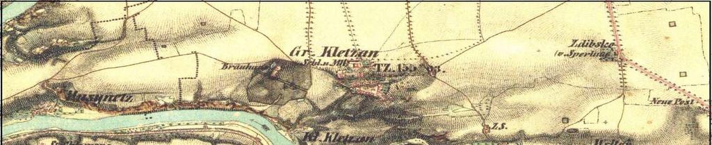 zabíhá na katastr Klecan od jihu. Historická mapa Klecan a okolí z let 1836 až 1852 Zdroj: http://www.mapy.cz 1.