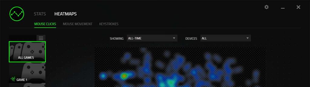 Záložka Heatmaps V záložce Heatmaps (Zmapování aktivity) se zobrazují podrobné informace o využívání zařízení Razer při hře.