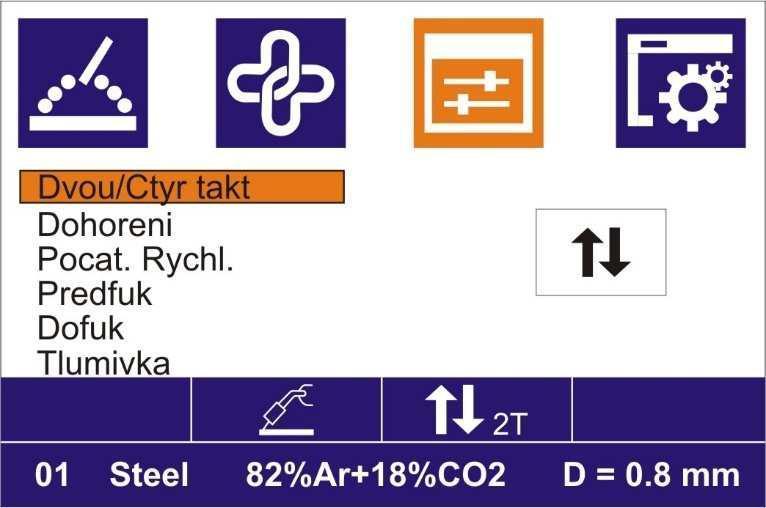 Výběr synergických parametrů NASTAVENÍ SEKUNDÁRNÍCH SVAŘOVACÍCH PARAMETRŮ Parametry nastavte otočením A4 a následným stisknutím knoflíku A6. Obrázek 7.