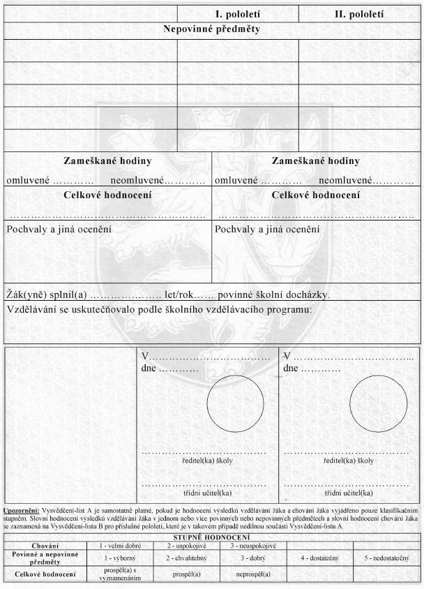 1.3 Vysvědčení pro základní kolu - list A