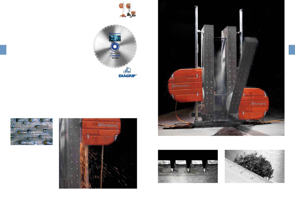 Diamantové kotouče pro stěnové pily Řada W 1200 Diagrip Husqvarna Revoluční nová technologii Diagrip pro výrobu segmentů, s výjimečnými vlastnostmi řezání, delší životností a hladkým, rychlým řezem.