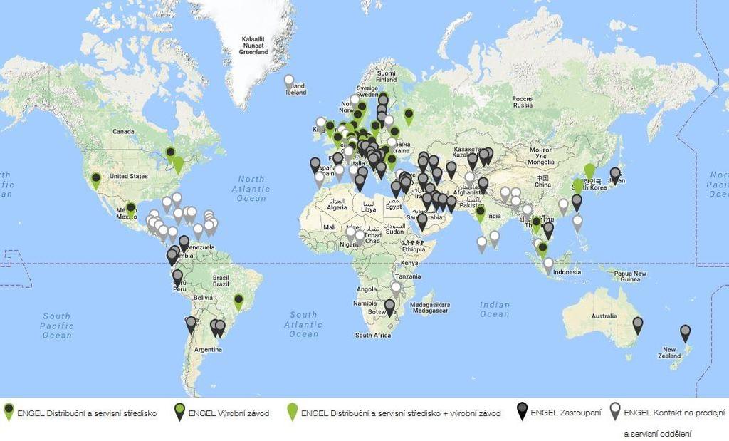 Na Obr. 2 je celosvětová mapa výrobních závodů, distribučních a servisních středisek a poboček ENGEL zastoupení.