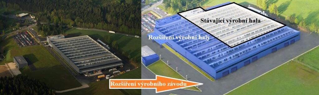 Obr. 28 - Rozšíření výrobního závodu ENGEL v Kaplici Obr. 29 - Vizualizace nového výrobního závodu [1] Jak je patrné z Obr. 28 a Obr. 29, celý závod v Kaplici by se měl rozrůst bezmála na dvojnásobek.