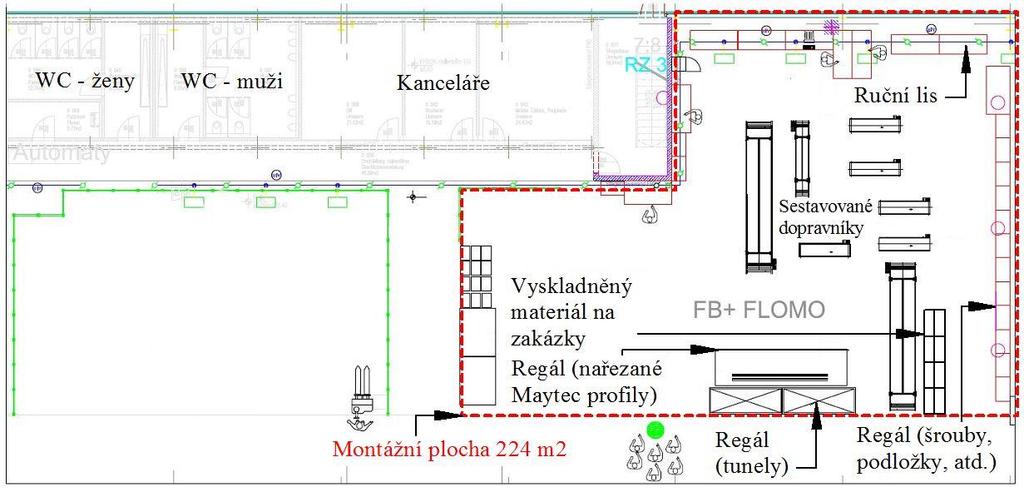 Obr. 30 - Současný layout montážního pracoviště ve výrobní hale V případě montáže standartních dopravníků, především typů FB60 a FB100, na které je největší množství zakázek, je tato výrobní plocha