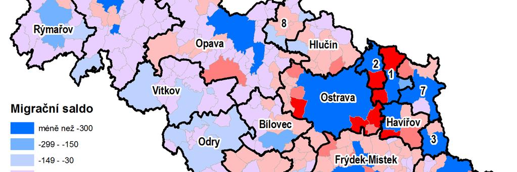 Mapa 1.5: Migrační saldo v obcích MSK v letech 2006 2010 Oproti předchozí mapě lze identifikovat rozdílné tendence.