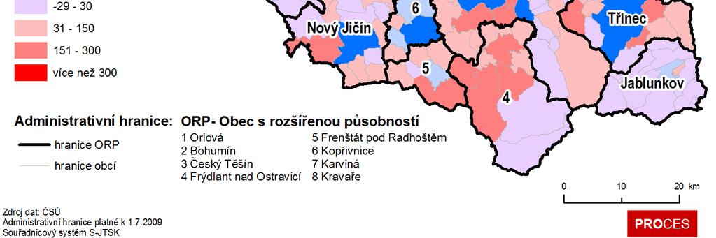 Významnější migrační proudy, nad 300 obyvatel, jsou především v zázemí Ostravy, kde je i výrazná dominance východního směru, tzn.