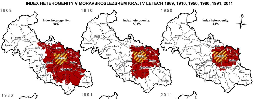 Mapa 1.2: Index heterogenity v MSK Na základě těchto procesů vznikala polycentrická sídelní struktura měst, která je silně ovlivněna Ostravskou aglomerací.