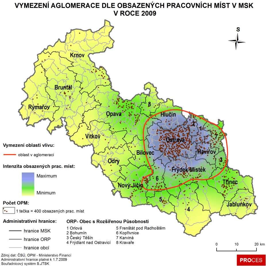 Dalším ukazatelem pro vymezení Ostravské aglomerace byla obsazená pracovní místa v roce 2009.