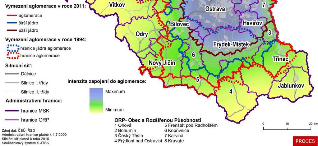 ORP Frenštát pod Radhoštěm. Území aglomerace bylo rozděleno na širší jádro a užší jádro.