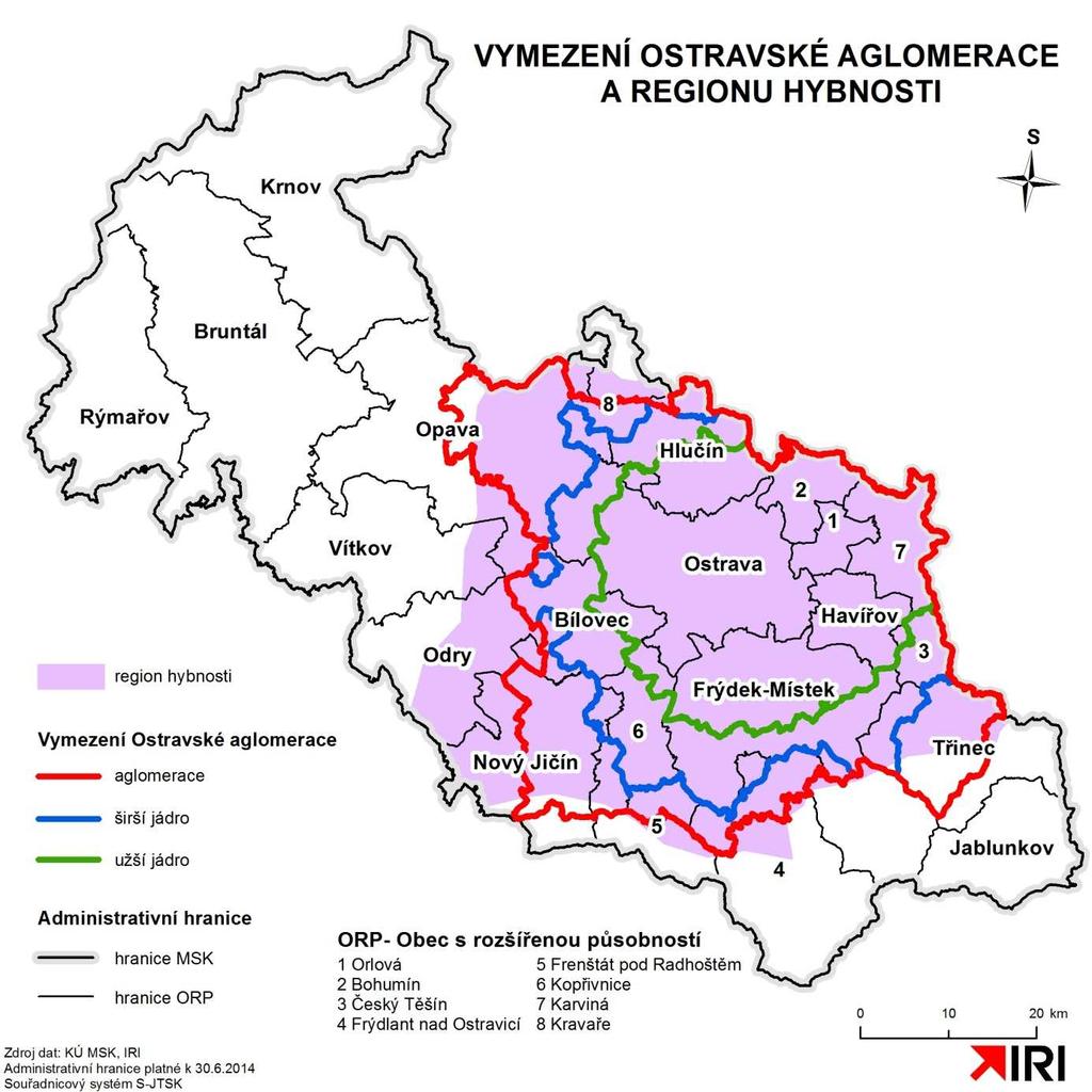 Mapa A1.7.7: Vymezení Ostravské aglomerace a regionu hybnosti 1.7.6 Dílčí hodnocení v souvztažnosti k prostorovému plánování Ostravská aglomerace vznikla na základě industriálních procesů souvisejících s těžbou černého uhlí a těžkým průmyslem.