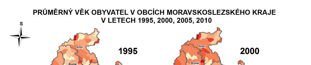 Pokud se zaměříme na mapu průměrného věku 7 v letech 1995, 2000, 2005 a 2010, je vidět, že v Moravskoslezském kraji tento údaj roste prakticky v obcích všech ORP.