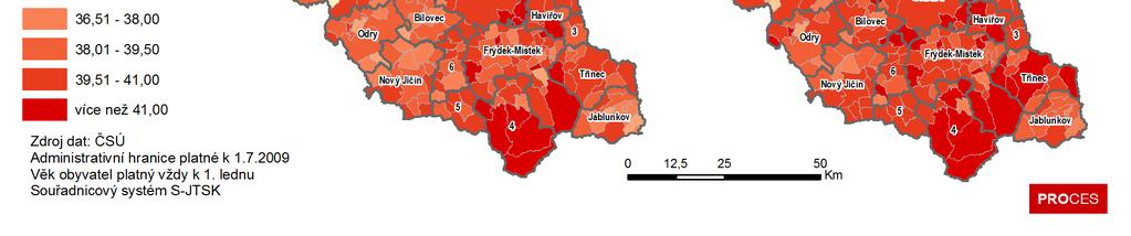 Z mapy je zřejmé, že právě západní část kraje je tímto jevem postižena nejvíce.