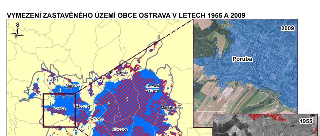 Následující mapový výstup znázorňuje rostoucí zástavbu v obci Ostrava v letech 1955 a 2009. Je zřejmé, že během tohoto období došlo k rozrůstání sídla, zejména oblasti Poruby a Dubiny.