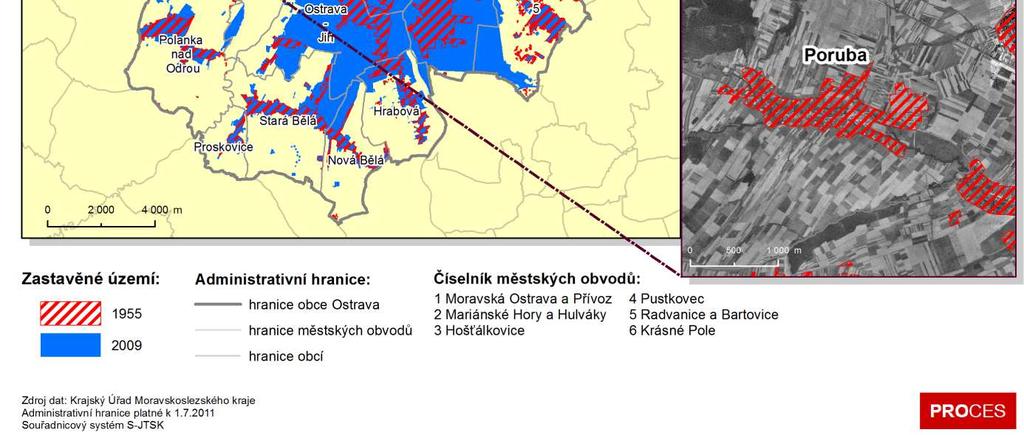 4: Zastavěné území obce Ostrava v letech 1995 a 2009 Klimatické podmínky představují zejména srážky (u nás 600 až 1400 mm), tepelné poměry (průměrné roční teploty v ČR 0-10 C), vítr (situování zdrojů