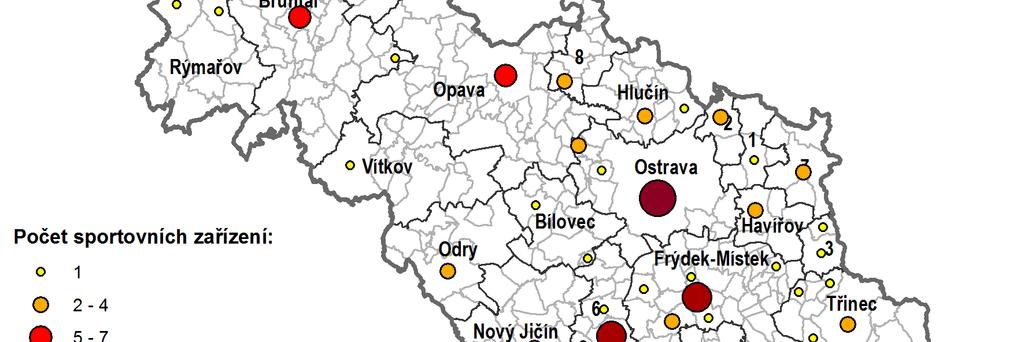Mapa 2.16: Občanská vybavenost počet sportovních zařízení v obcích MSK 2.3.