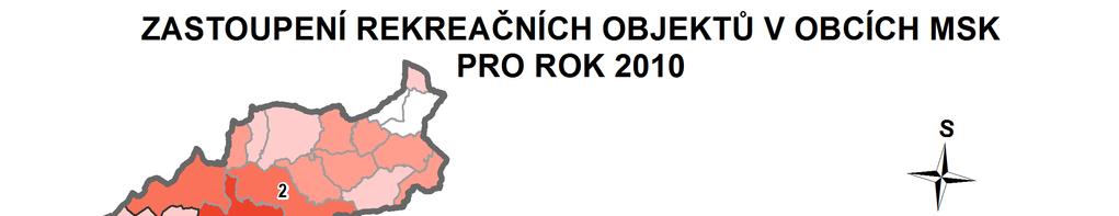 Mapa 2.17: Zastoupení rekreačních objektů v obcích MSK v roce 2010 2.3.