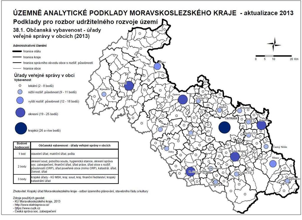 Zdroj: ÚAP Moravskoslezského kraje 2013 Mapa 2.22: Význam sídel MSK dle vybavenosti úřady veřejné správy v roce 2013 (aktualizace 2014)