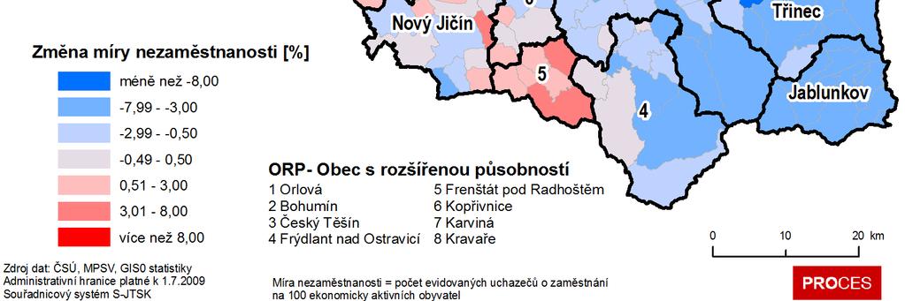 Za obce vykazují velmi nízký podíl nezaměstnaných osob obce Nová Pláň (2,3 %), Smilovice (4,1 %) a Bocanovice (4,2 %). Mapa 2.