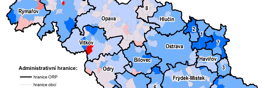 Mapa 2.26: Změna míry dlouhodobé nezaměstnanosti v obcích MSK v letech 2005 