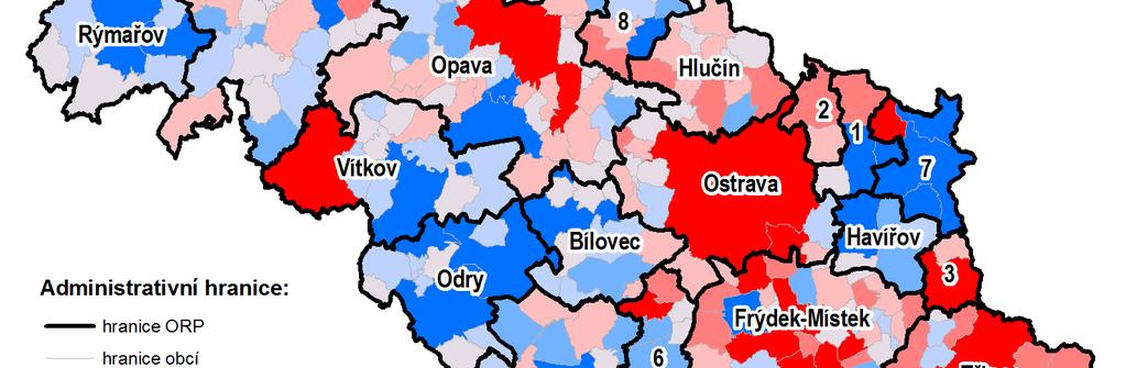 Další obcí s výrazným nárůstem počtu obsazených pracovních míst jsou Nošovice (4 765 nových obsazených pracovních míst, nárůst o 701 %), což je způsobeno výstavbou továrny společnosti Hyundai.