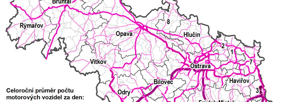 Mapa 3.6: Intenzita nákladní dopravy v MSK 2010 Následující tabulka podrobně reflektuje výkony dopravy v kraji v roce 2009.