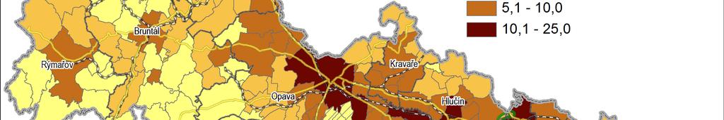 Další oblastí je území na jih od Ostravy, kdy je kopírována železniční trať a rychlostní komunikace R56 do Frýdku-Místku a jeho zázemí.