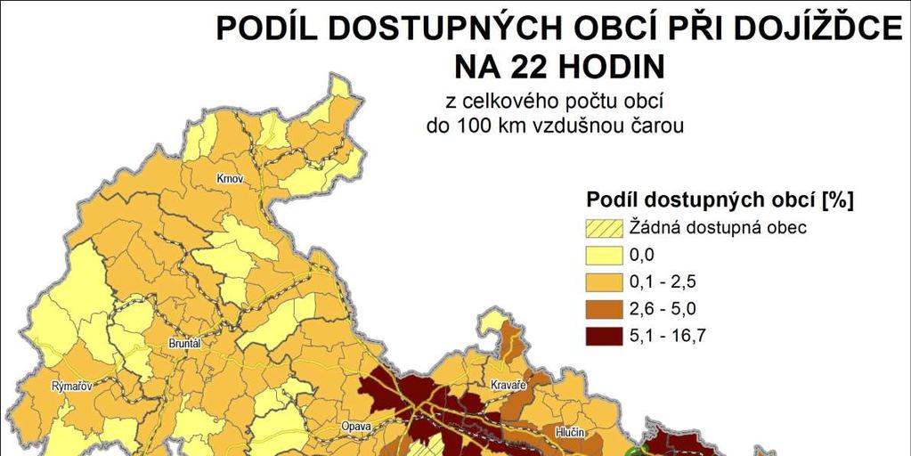 Situace v dojížďce na 22 hodin je podobná k výsledkům v předchozí mapě.