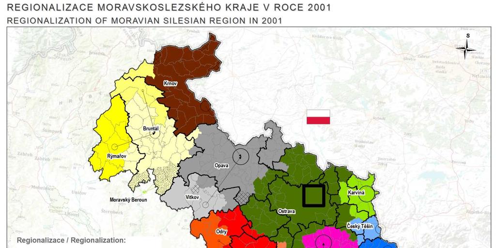 Mapa 1.4: Sociálně geografická regionalizace MSK - nejnižší úroveň (včetně hranice obcí a ORP) I tato střediska je však nutné rozdělit podle jejich důležitosti.