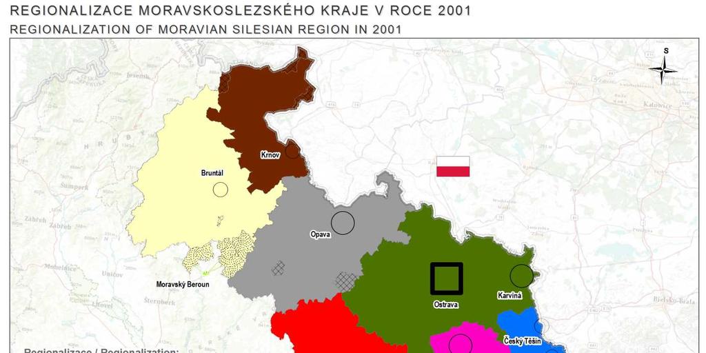 Mapa 1.5: Sociálně geografická regionalizace MSK - střední úroveň Z výsledku je na první pohled patrné neexistující centrum v Karviné a existence velkého mikroregionu se sídlem v Ostravě.