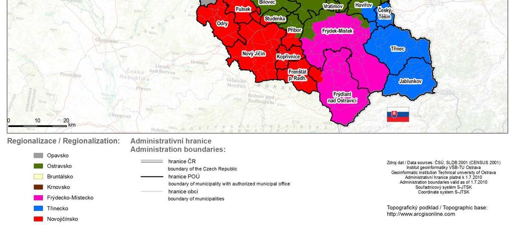 8: Porovnání regionalizace s hranicemi POÚ (včetně hranic obcí) Frýdecko-Místecko se skládá z velké části POÚ Frýdek-Místek (bez severní části, která spadá do Ostravska) a navíc z POÚ Frýdlant nad