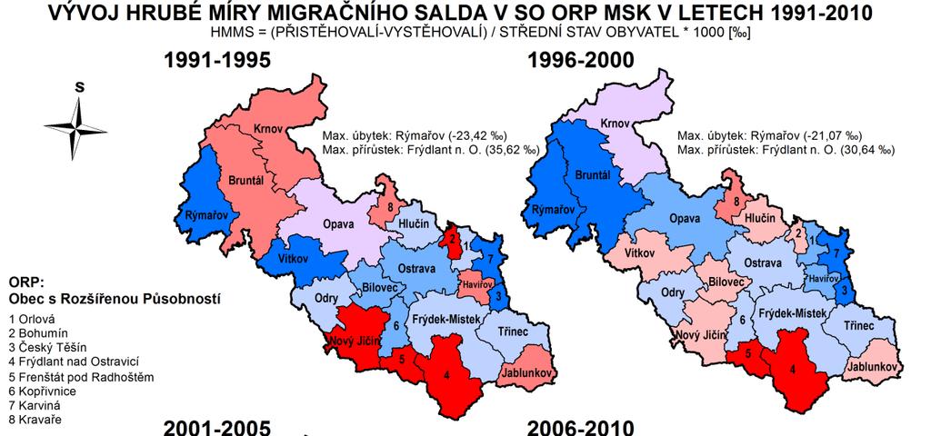 C2 = vnitřní i vnější periferie kraje postižené odlivem obyvatelstva z důvodu nedostatku pracovních příležitostí (vyšší hodnoty hrubého migračního salda).